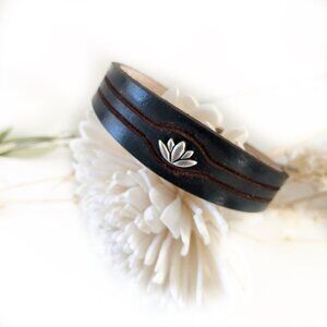 MishaGirl Handmade Black Leather Bracelet: Silver Plated Lotus Bead *FIRM PRICE*